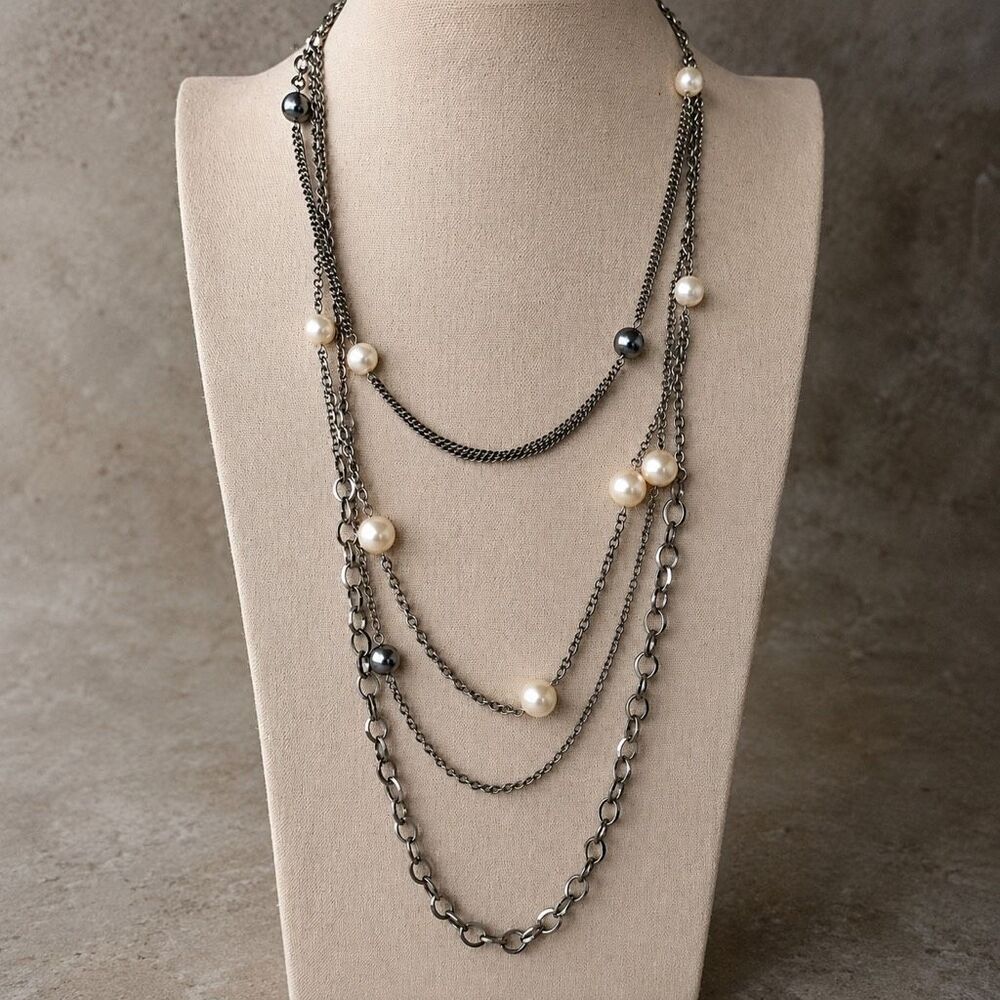 Swing Faux Pearl Necklace Four Strand Silver Tone